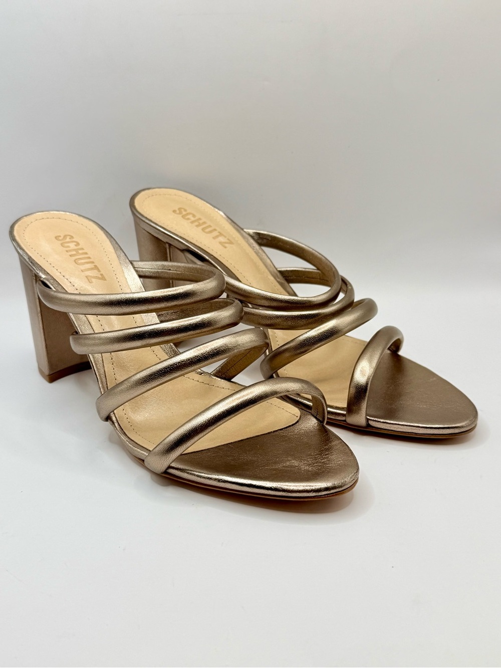 SCHUTZ Bronze Metallic Gold Multi-Strap Block Heel Leather Sandals 7B